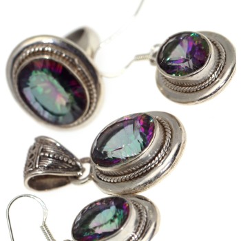 NSA|Parure Argento 925 : ciondolo Anello, Orecchini con Quarzo Arcobaleno