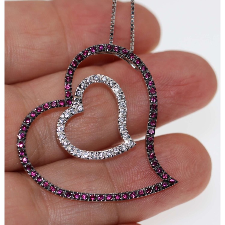 NSA|925 silver necklace large double heart pendant ruby zircons chete' laroche
