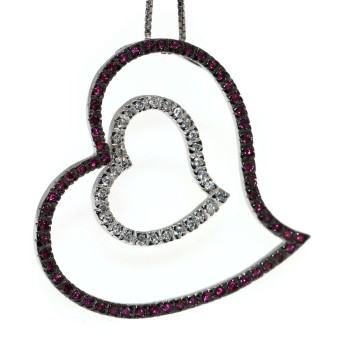 NSA|925 silver necklace large double heart pendant ruby zircons chete' laroche