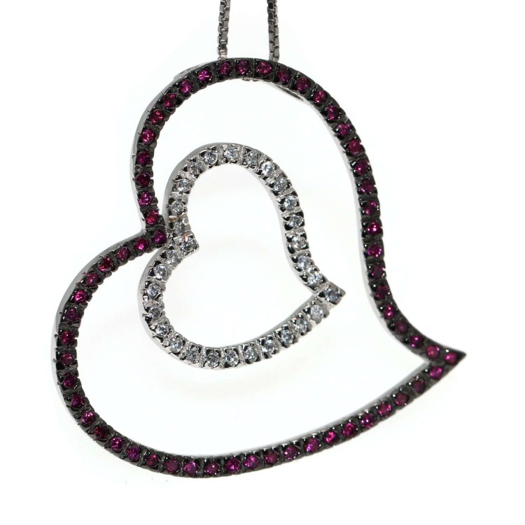 NSA|925 silver necklace large double heart pendant ruby zircons chete' laroche