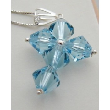 NSA|Ciondolo in Argento 925 a Croce realizzato con bicono swarovski certificato ROSA CELESTE