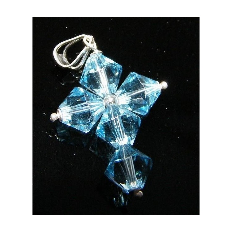 NSA|Ciondolo in Argento 925 a Croce realizzato con bicono swarovski certificato ROSA CELESTE