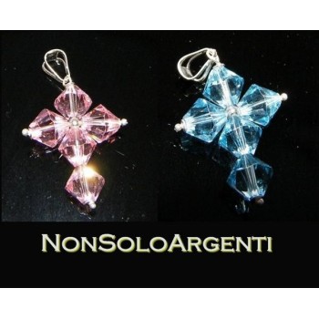NSA|Ciondolo in Argento 925 a Croce realizzato con bicono swarovski certificato ROSA CELESTE