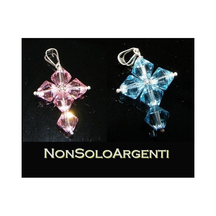 NSA|Ciondolo in Argento 925 a Croce realizzato con bicono swarovski certificato ROSA CELESTE