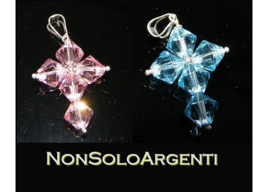 NSA|Ciondolo in Argento 925 a Croce realizzato con bicono swarovski certificato ROSA CELESTE
