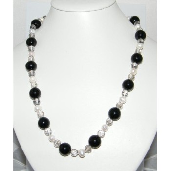 NSA|LUMINOSA LUNGA COLLANA agata nera CRISTALLO PERLE NATURALI