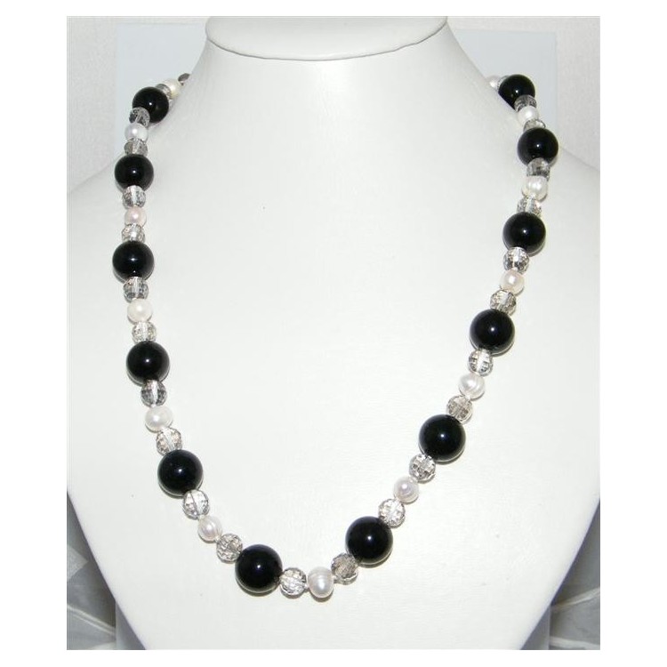 NSA|LUMINOSA LUNGA COLLANA agata nera CRISTALLO PERLE NATURALI