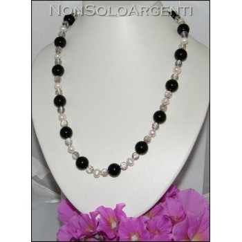NSA|long necklace black agate smoky crystal and natural pearls
