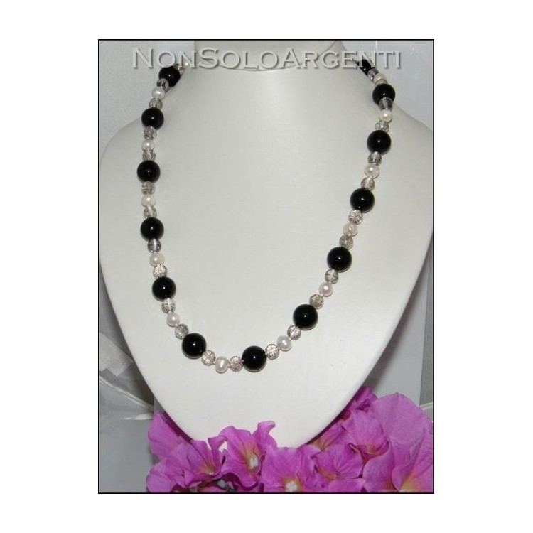 NSA|long necklace black agate smoky crystal and natural pearls