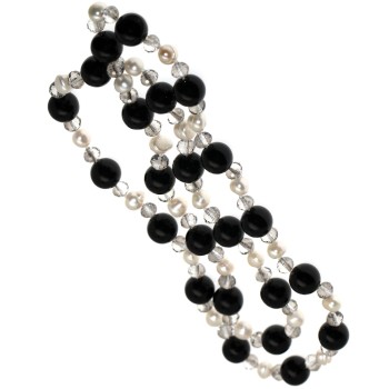 NSA|long necklace black agate smoky crystal and natural pearls