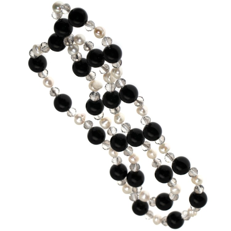 NSA|long necklace black agate smoky crystal and natural pearls