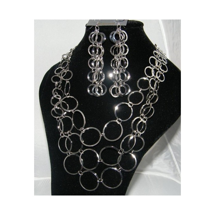 NSA|Parure '70 stile colore argento con i cerchi : Collana e Orecchini