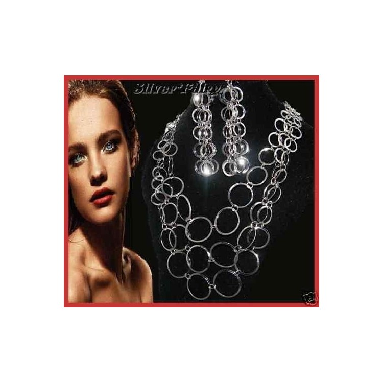 NSA|Parure '70 stile colore argento con i cerchi : Collana e Orecchini