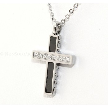 NSA|black ceramic steel cross necklace with white zircons for men