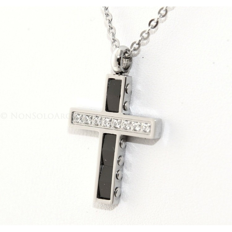 NSA|black ceramic steel cross necklace with white zircons for men