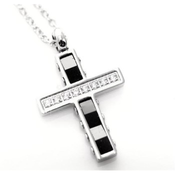 NSA|black ceramic steel cross necklace with white zircons for men