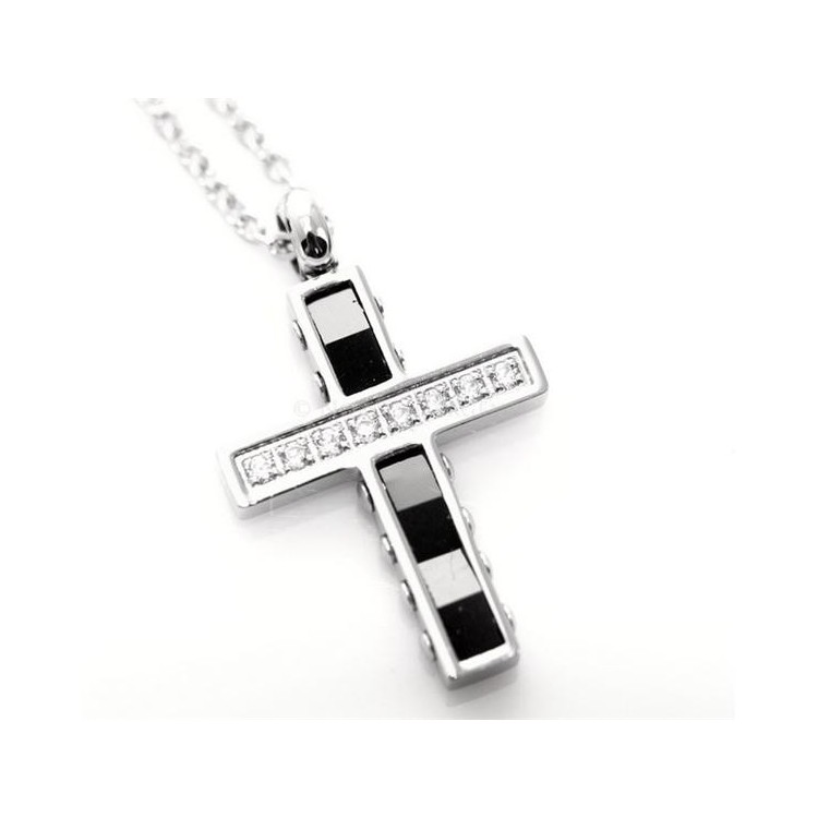 NSA|black ceramic steel cross necklace with white zircons for men