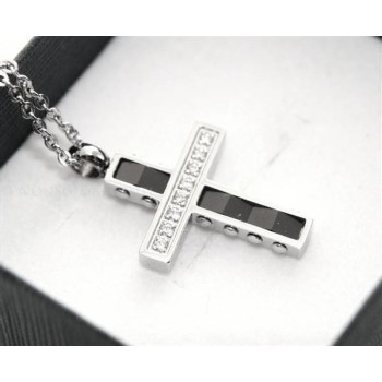 NSA|black ceramic steel cross necklace with white zircons for men