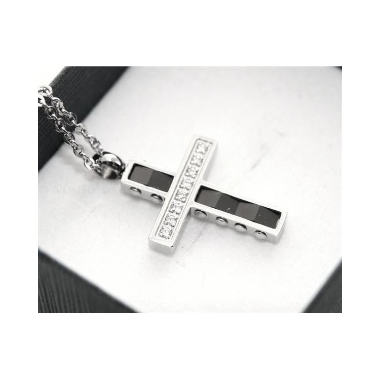 NSA|black ceramic steel cross necklace with white zircons for men