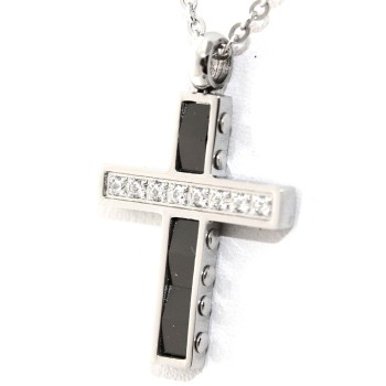 NSA|black ceramic steel cross necklace with white zircons for men