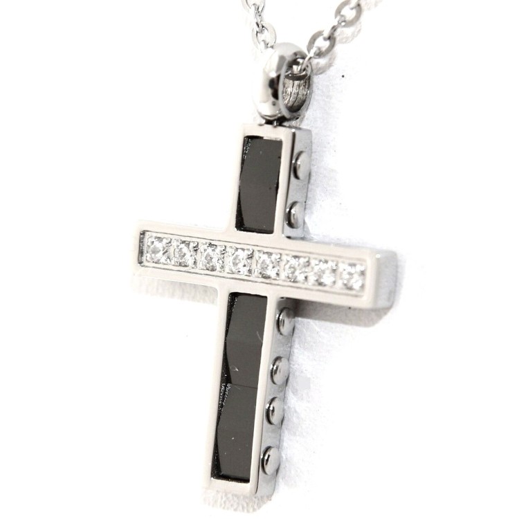 NSA|black ceramic steel cross necklace with white zircons for men