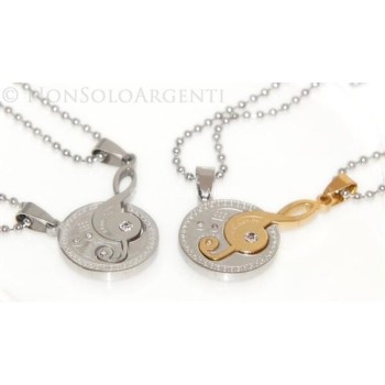 NSA|Acciaio : 2 collane complete chiave di sol violino e luna puzzle in 2 parti con zirconi bianchi spezzato uomo e donna