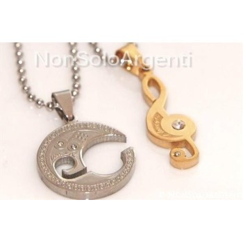 NSA|Acciaio : 2 collane complete chiave di sol violino e luna puzzle in 2 parti con zirconi bianchi spezzato uomo e donna