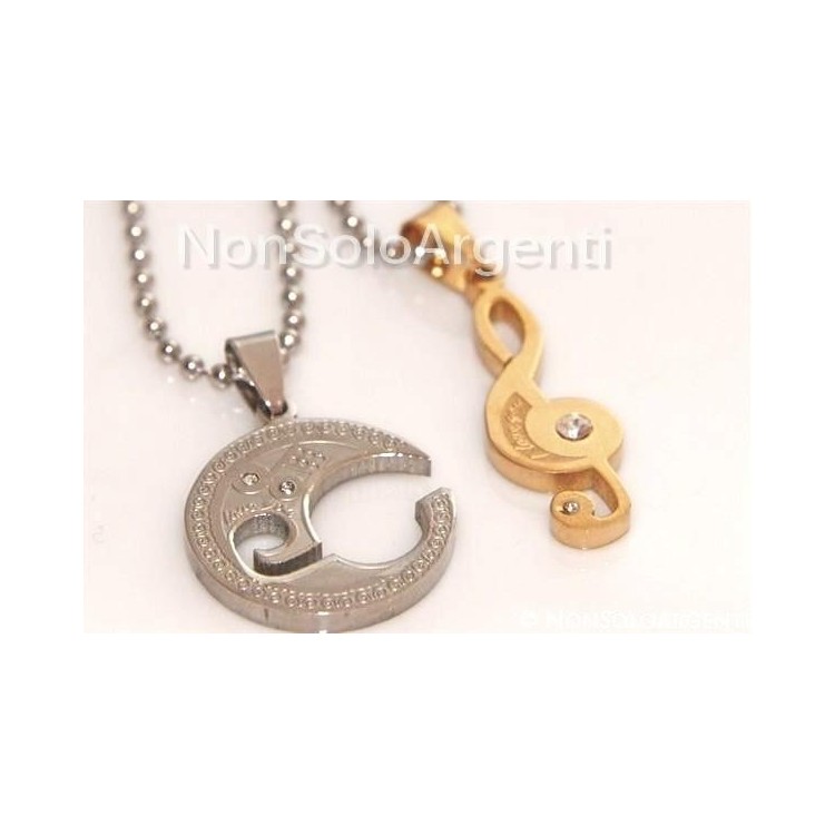 NSA|Acciaio : 2 collane complete chiave di sol violino e luna puzzle in 2 parti con zirconi bianchi spezzato uomo e donna