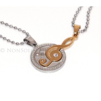 NSA|Steel : 2 necklaces treble clef and moon puzzle white zircons broken golden