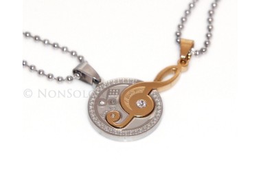 NSA|Steel : 2 necklaces treble clef and moon puzzle white zircons broken golden