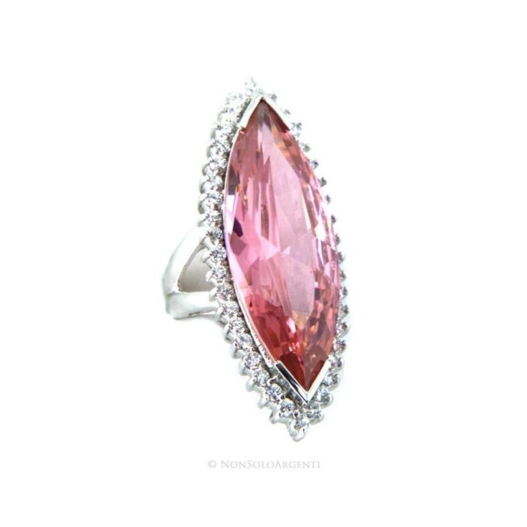 NSA|Argento 925 Rodiato : Grande anello donna navetta zircone rosa cristallo Idrotermale e zirconcini bianchi misura 17