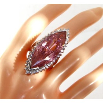 NSA|Argento 925 Rodiato : Grande anello donna navetta zircone rosa cristallo Idrotermale e zirconcini bianchi misura 17