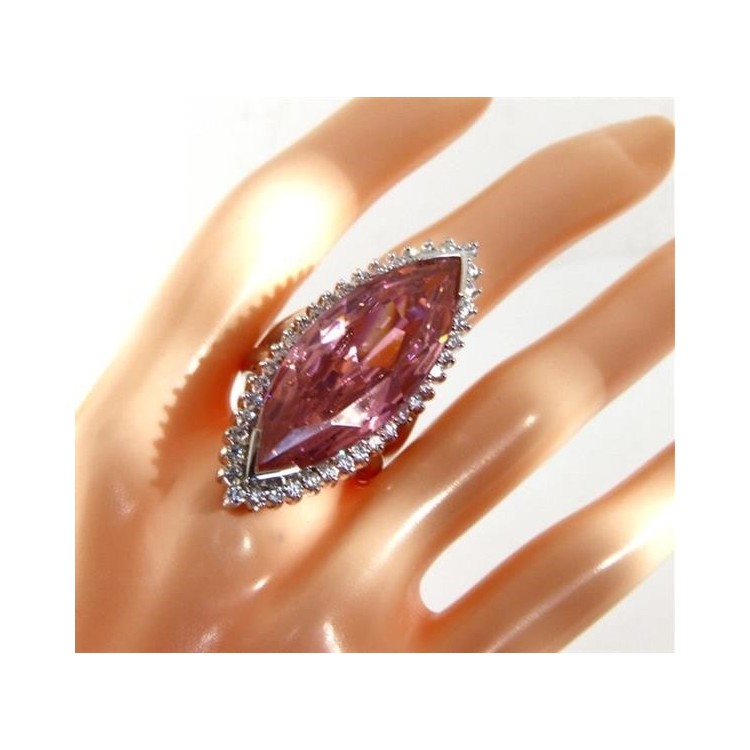 NSA|Argento 925 Rodiato : Grande anello donna navetta zircone rosa cristallo Idrotermale e zirconcini bianchi misura 17