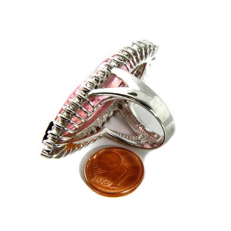 NSA|Argento 925 Rodiato : Grande anello donna navetta zircone rosa cristallo Idrotermale e zirconcini bianchi misura 17