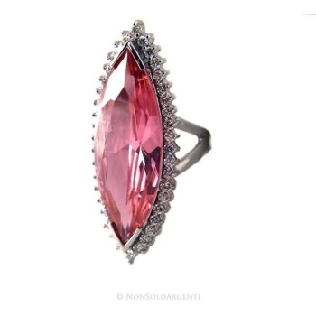 NSA|Argento 925 Rodiato : Grande anello donna navetta zircone rosa cristallo Idrotermale e zirconcini bianchi misura 17