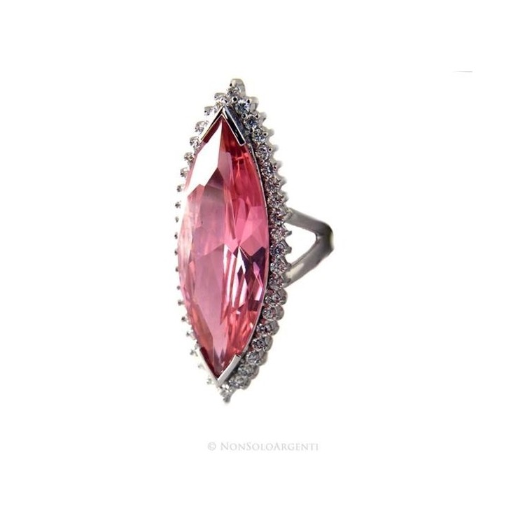 NSA|Argento 925 Rodiato : Grande anello donna navetta zircone rosa cristallo Idrotermale e zirconcini bianchi misura 17