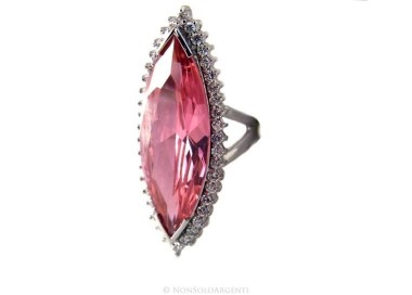 NSA|Argento 925 Rodiato : Grande anello donna navetta zircone rosa cristallo Idrotermale e zirconcini bianchi misura 17
