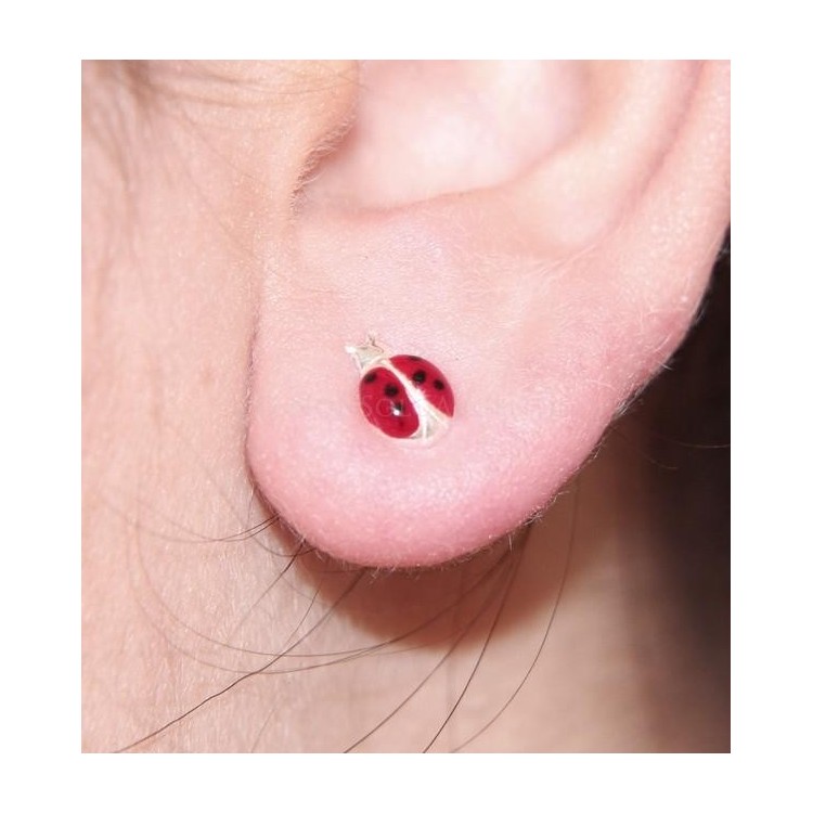 NSA|Argento 925 Italiano : Orecchini donna ragazza con Coccinella smalto rosso a pois