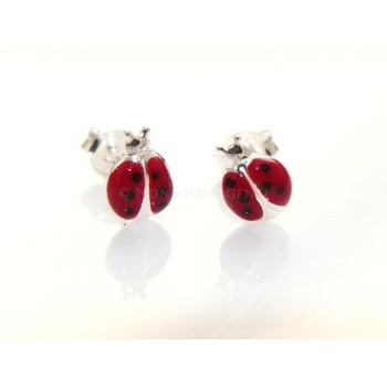 NSA|Argento 925 Italiano : Orecchini donna ragazza con Coccinella smalto rosso a pois