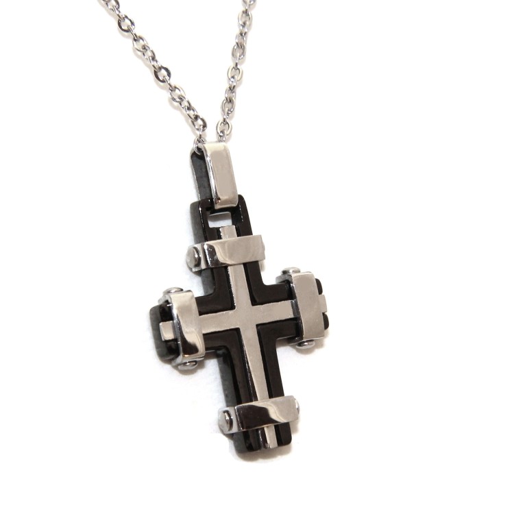 NSA|cross necklace enhanced chrome steel or black ip for men