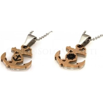 NSA|Acciaio  : Esclusiva collana rolo' ciondolo ancora rosè con ip nero centrale timone o ancoretta