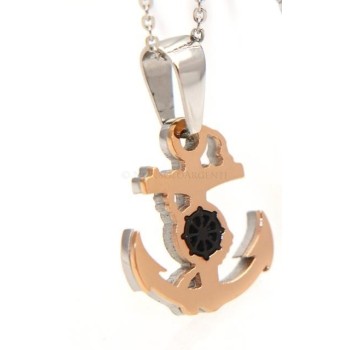 NSA|Acciaio  : Esclusiva collana rolo' ciondolo ancora rosè con ip nero centrale timone o ancoretta