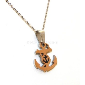 NSA|Acciaio  : Esclusiva collana rolo' ciondolo ancora rosè con ip nero centrale timone o ancoretta