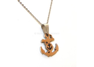 NSA|Acciaio  : Esclusiva collana rolo' ciondolo ancora rosè con ip nero centrale timone o ancoretta
