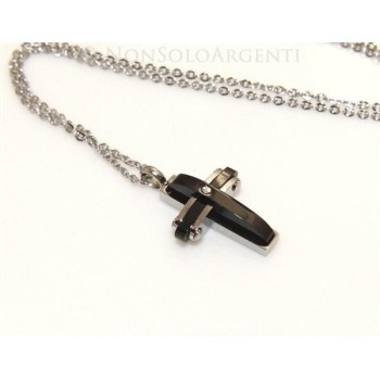 NSA|Acciaio  : Esclusiva collana rolo' ciondolo croce ip nero zircone