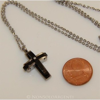 NSA|collana acciaio ciondolo croce ip nero zircone per uomo