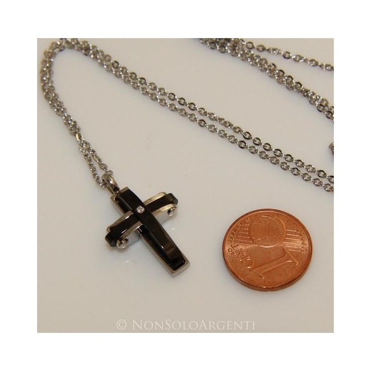 NSA|stainless steel cross pendant necklace black ip zircon for men