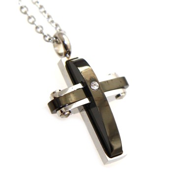 NSA|stainless steel cross pendant necklace black ip zircon for men