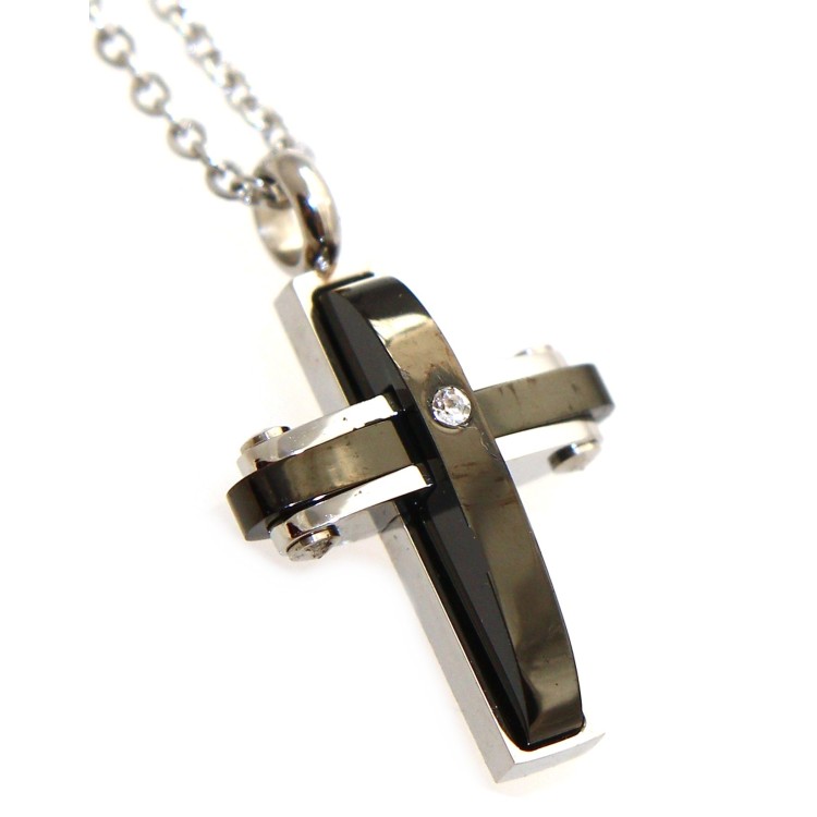 NSA|stainless steel cross pendant necklace black ip zircon for men