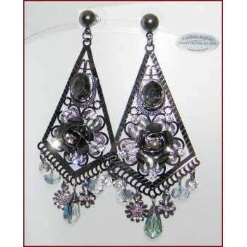 NSA|Filigree smoky brass earrings with AB crystal and long rhinestones